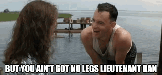 a man and a woman are standing on a dock in the water with the caption but you ain t got no legs