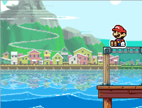 a pixel art of mario standing on a dock overlooking a city