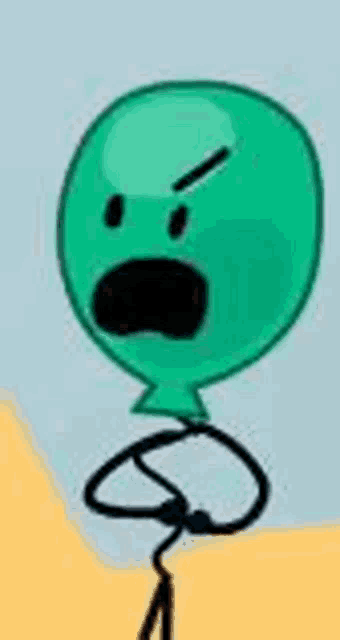 a green balloon with an angry face and a stick figure holding it .