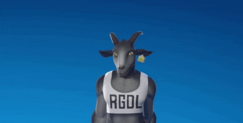 a goat wearing a crop top that says rgdl on it