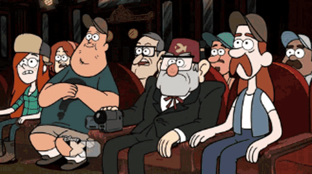 a group of cartoon characters sitting in a theater including stanford from gravity falls