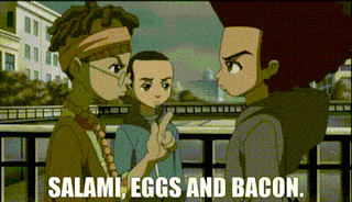 a cartoon says salami eggs and bacon in the corner