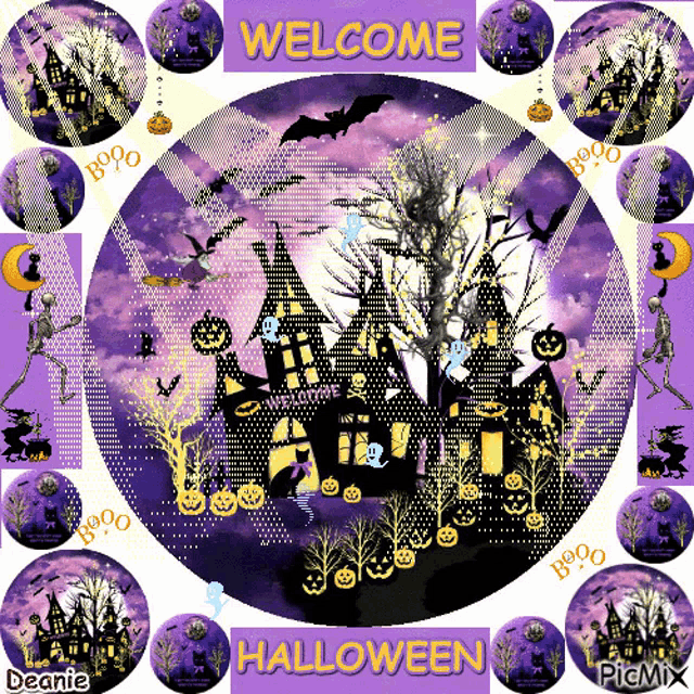 a welcome halloween sign with a haunted house