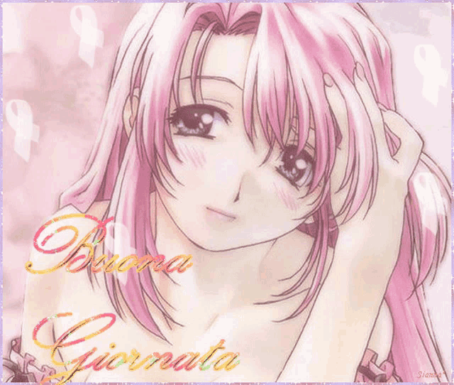a picture of a girl with pink hair and the word buona giornata