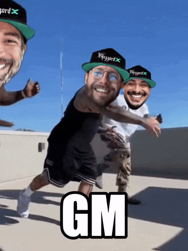 a picture of two men with gm written on it