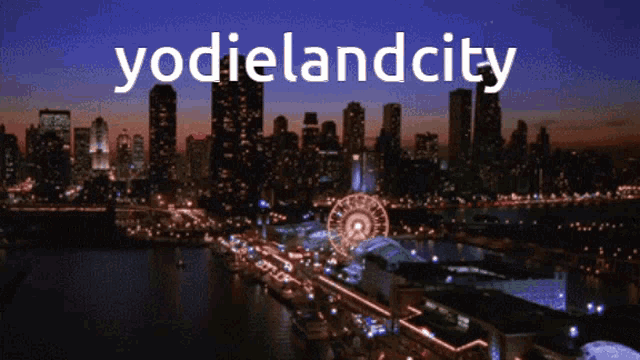 an aerial view of a city at night with the words yodielandcity above it