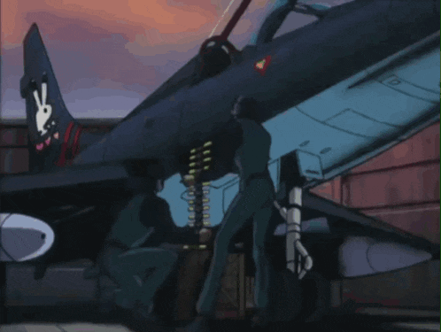 a cartoon drawing of two men working on a plane