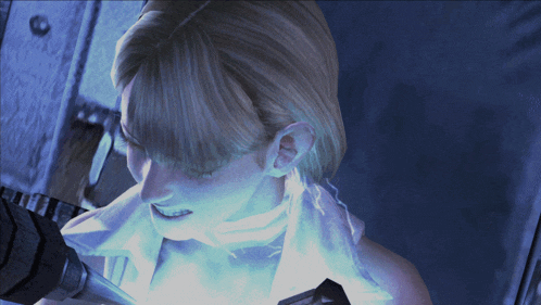 a close up of a person 's face with a drill in the background