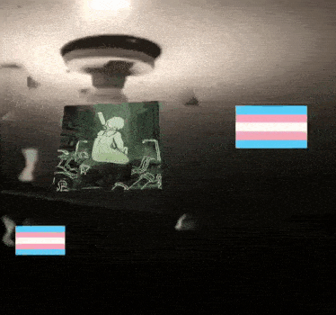 a black and white photo of a person sitting on a chair with a transgender flag in the corner .