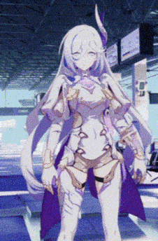 a girl with long white hair and a purple cape