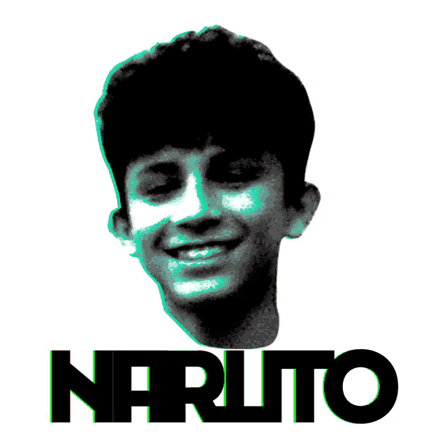 a black and white photo of a young boy with the name naruto written below him