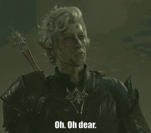 a man with blood on his face is holding a sword and says " oh oh dear "