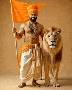 a man in an orange turban is holding an orange flag and standing next to a lion