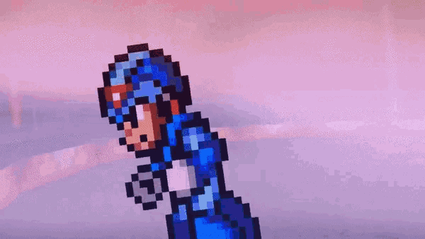 a pixel art drawing of a man in a blue jacket