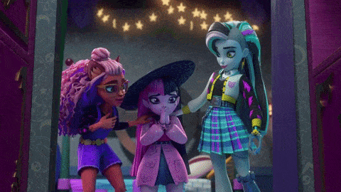 three monster high dolls are posing for a picture with their eyes closed