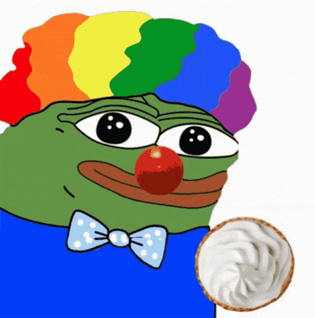 a cartoon of a green clown with a rainbow hair and a red nose