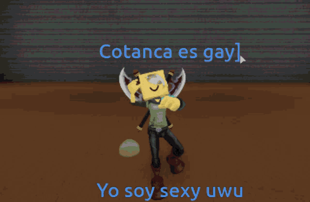 a cartoon character is standing in a room with the words cotanca es gay