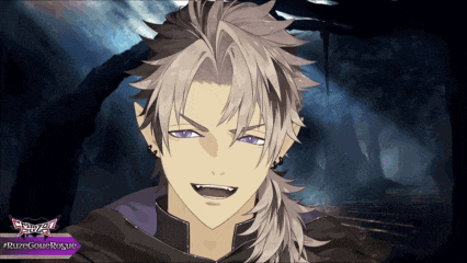 a video game character with a purple eye and a purple banner that says razegonerogue