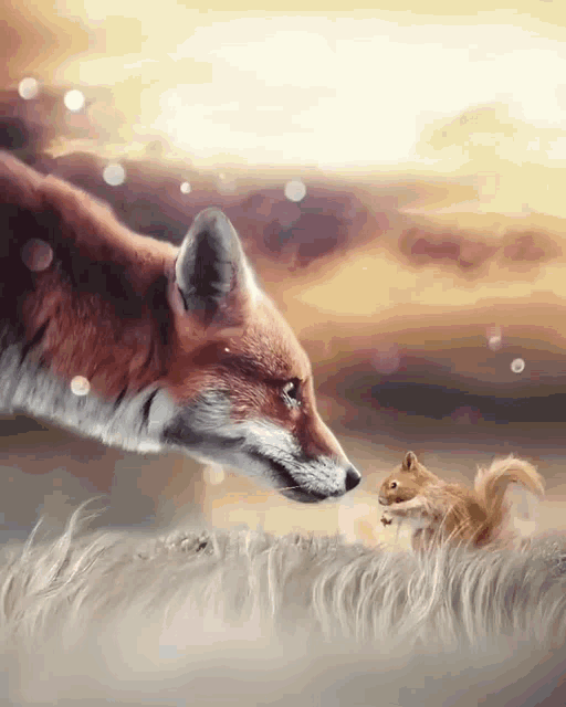 a fox and a squirrel looking at each other in a field