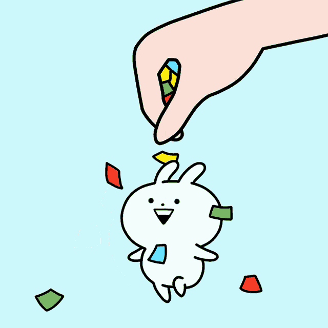 a cartoon of a rabbit with a hand holding a piece of candy