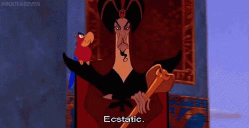 jafar from the movie aladdin is sitting on a throne with a parrot on his shoulder and holding a sword .