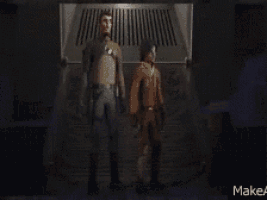 two cartoon characters standing next to each other in a dark room with makea written on the bottom right