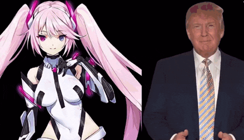 a man in a suit and tie stands next to a robot girl with pink hair