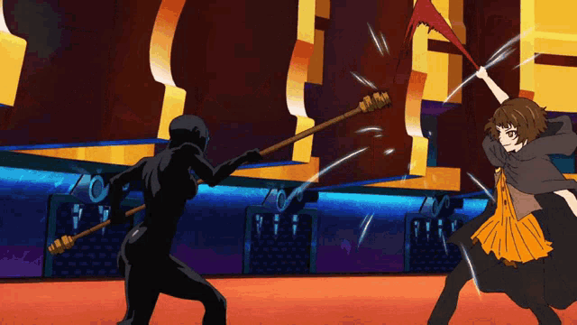 a cartoon of a man and a woman fighting with a sword