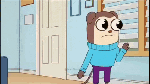 a cartoon character wearing glasses and a brown jacket is walking on a sidewalk .