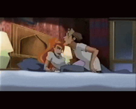 a couple of cartoon characters are laying on a bed together