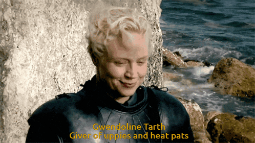 gwendoline tarth giver of uppies and heat pats is shown on a screen