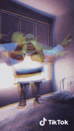 shrek is dancing in front of a window on a tiktok video