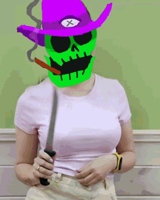 a woman with a green skull on her face holds a knife