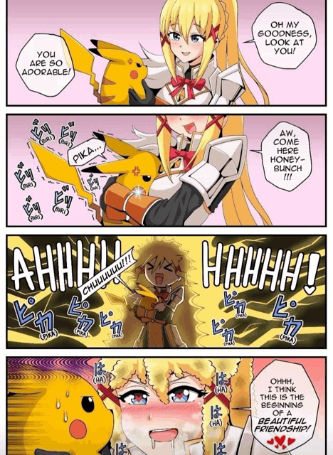 a cartoon of a girl holding a pikachu with the words " oh my goodness look at you " at the top