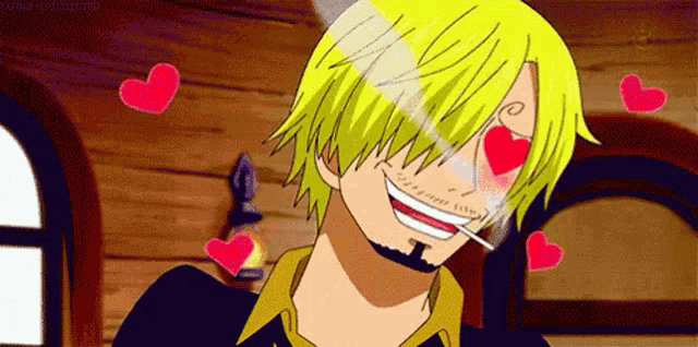 sanji from one piece is smiling and smoking a cigarette with hearts around his eyes .