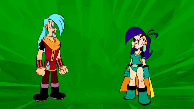 a couple of cartoon characters standing next to each other