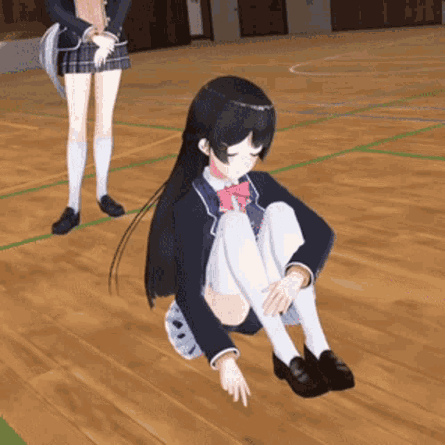 a girl in a school uniform sits on a wooden floor