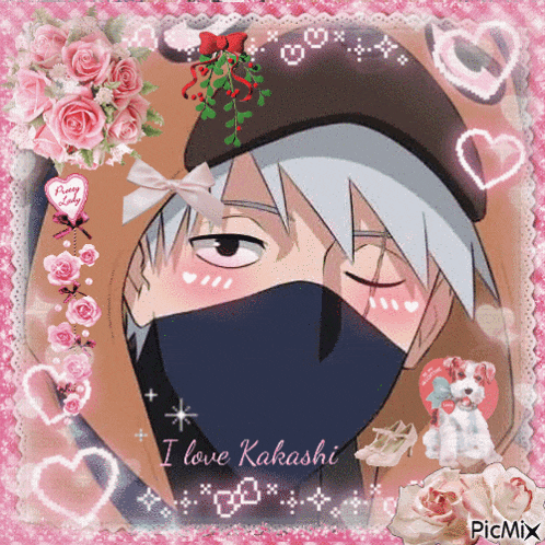 a picture of kakashi is surrounded by pink hearts and flowers