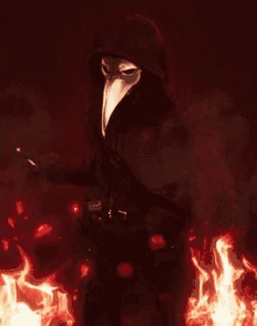 a man with a long beak and a hood is standing in front of a fire .
