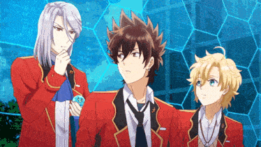 three anime characters are standing next to each other with one holding a nintendo switch