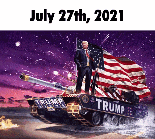 a painting of trump standing on top of a trump tank with an american flag behind him