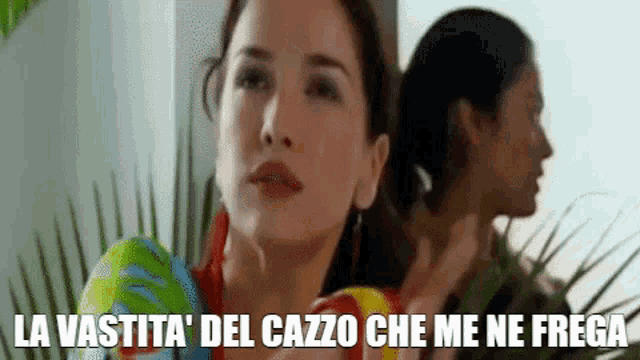 a woman is standing next to another woman with the words la vastita ' del cazzo che me ne frega