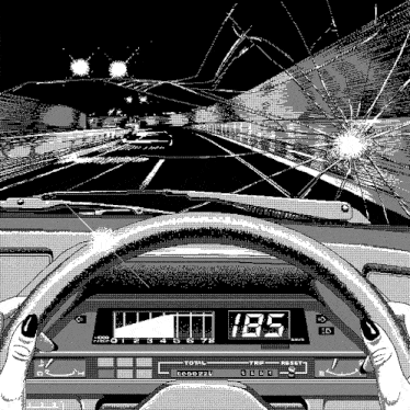 a black and white drawing of a person driving a car with a speedometer reading 185