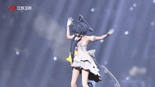 a girl in a white dress is dancing in front of a blue background with chinese writing on it