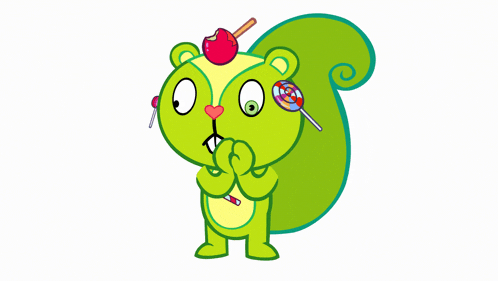 a cartoon squirrel with a lollipop and an apple on his head