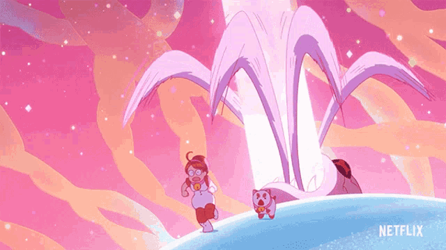 a cartoon of a girl fighting a giant spider with a netflix logo behind her