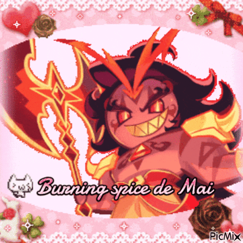 a picture of a cartoon character with the words burning spice de mai