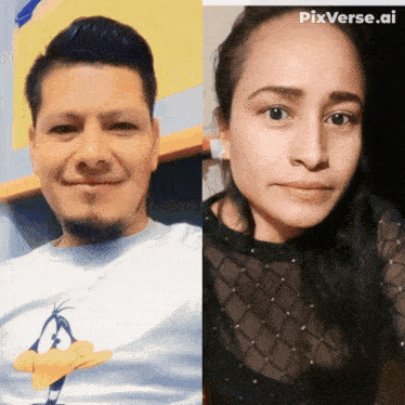 a man with a duck on his shirt is next to a woman with a black shirt