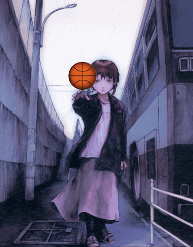 a girl is holding a basketball on her head in front of a bus