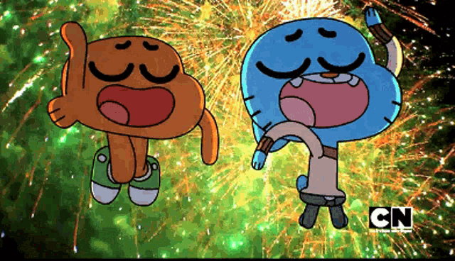 gumball and darwin from the amazing world of gumball are standing in front of fireworks